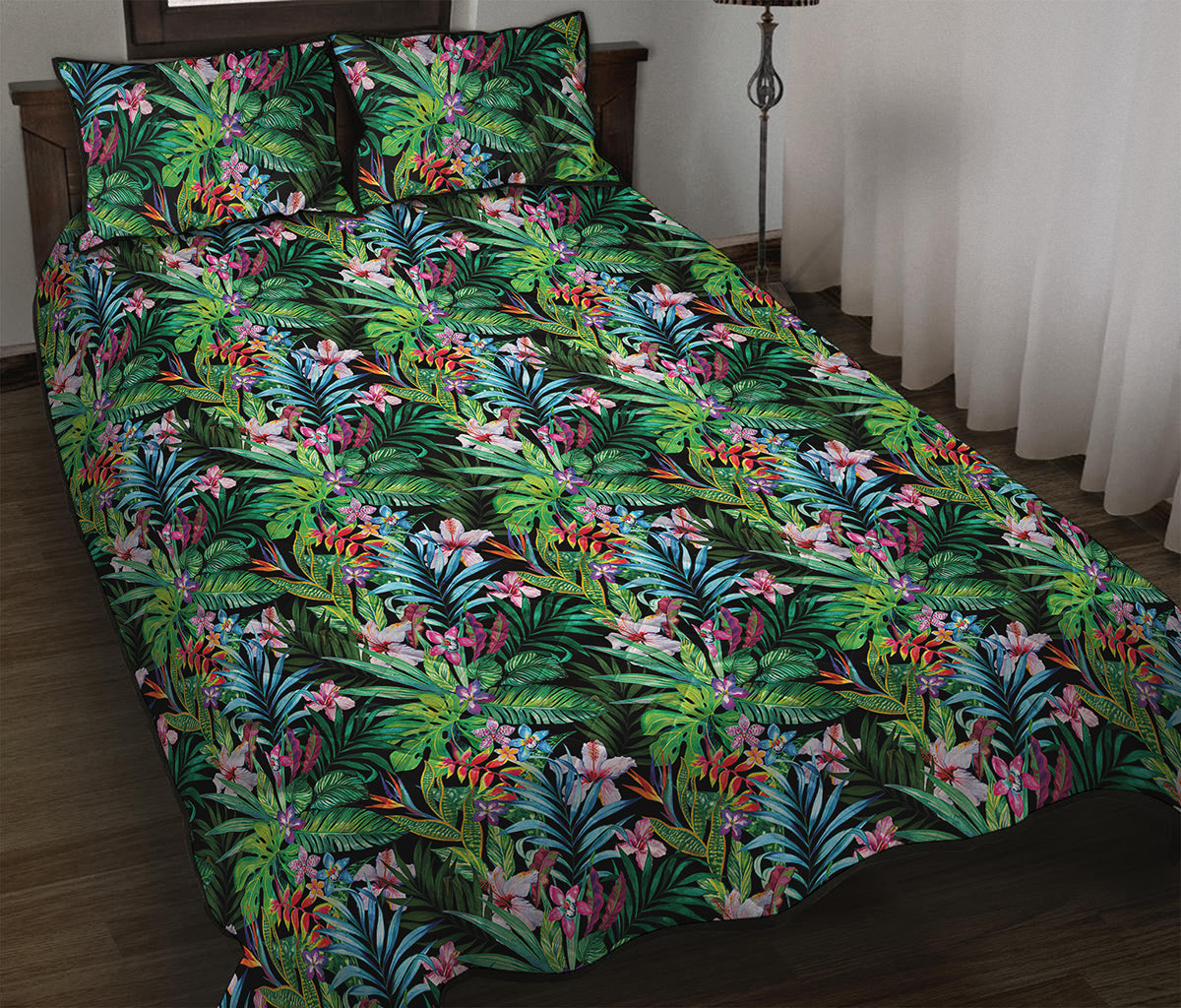 Tropical Palm And Hibiscus Print Quilt Bed Set