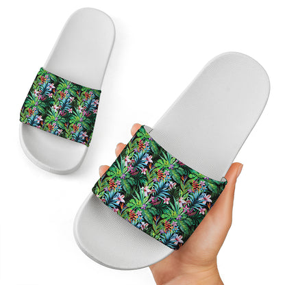 Tropical Palm And Hibiscus Print White Slide Sandals