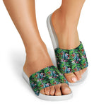 Tropical Palm And Hibiscus Print White Slide Sandals
