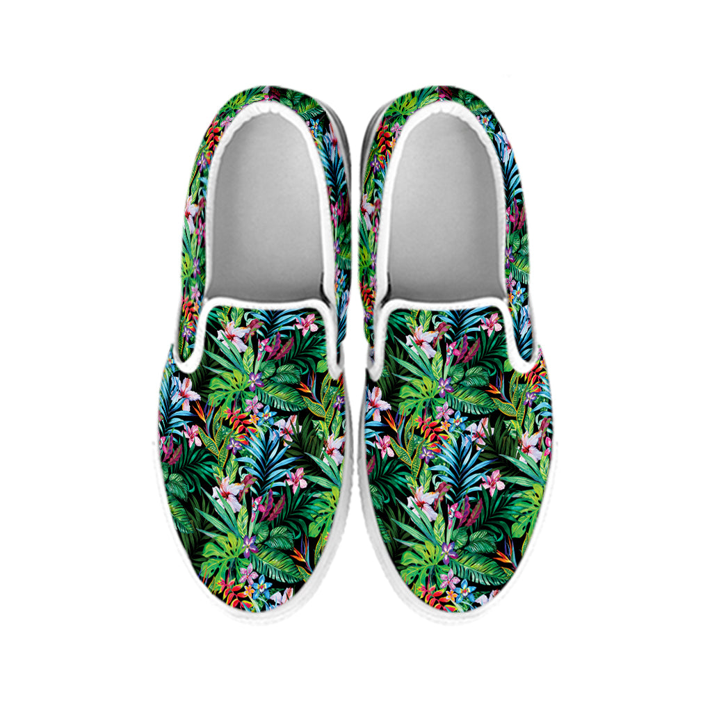 Tropical Palm And Hibiscus Print White Slip On Shoes