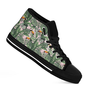 Tropical Palm Leaf And Toucan Print Black High Top Shoes