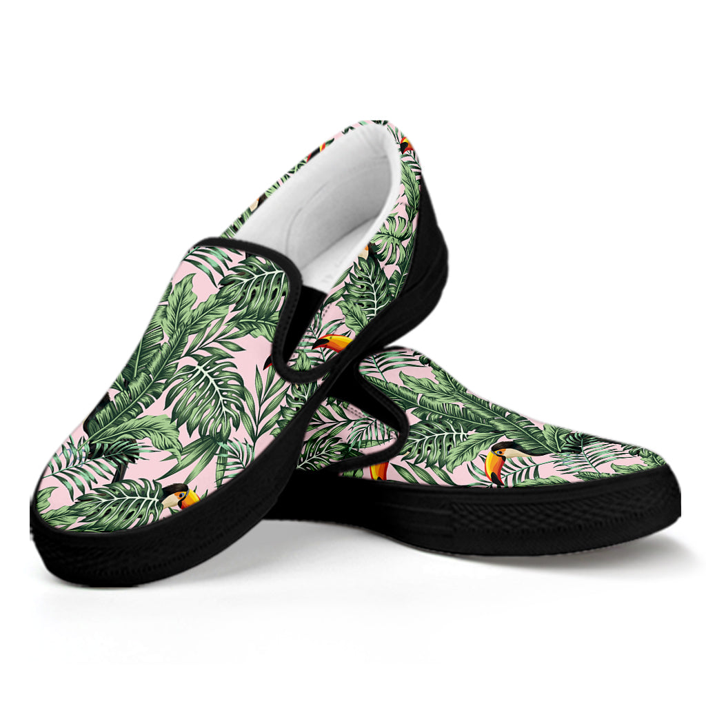 Tropical Palm Leaf And Toucan Print Black Slip On Shoes