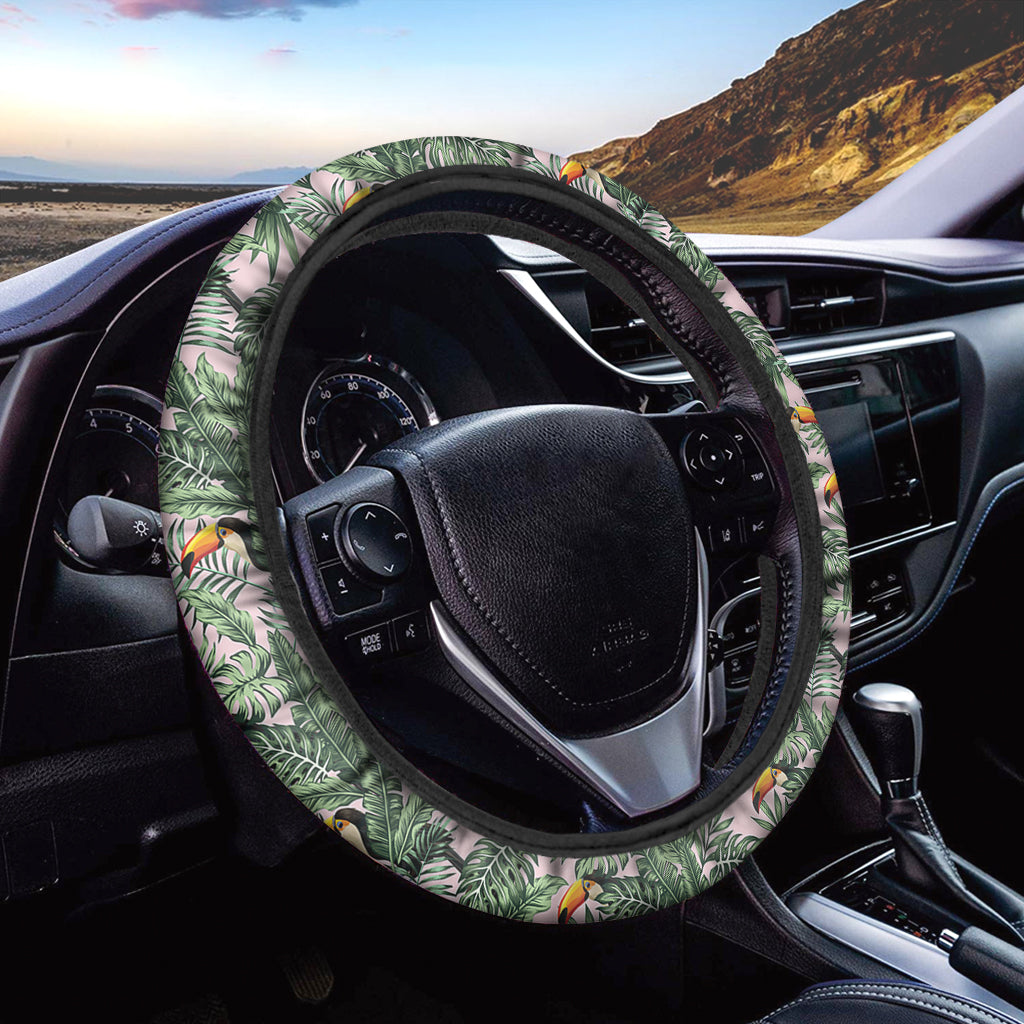 Tropical Palm Leaf And Toucan Print Car Steering Wheel Cover