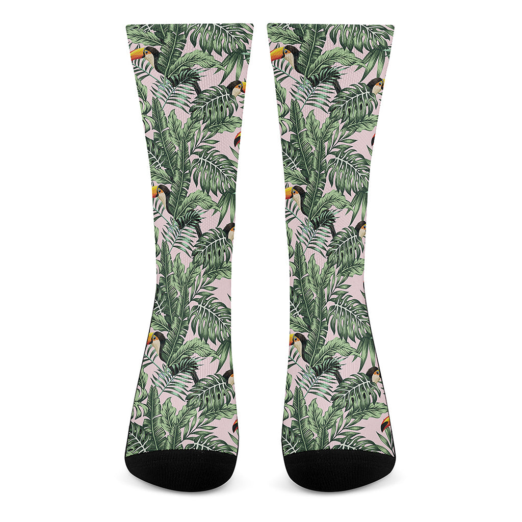 Tropical Palm Leaf And Toucan Print Crew Socks