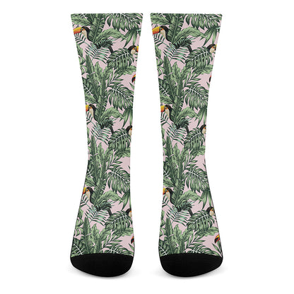 Tropical Palm Leaf And Toucan Print Crew Socks