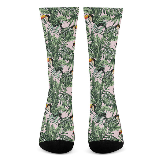 Tropical Palm Leaf And Toucan Print Crew Socks