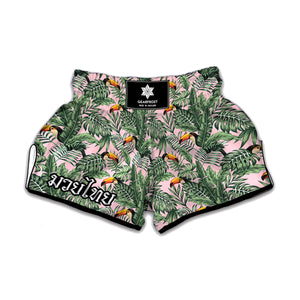 Tropical Palm Leaf And Toucan Print Muay Thai Boxing Shorts