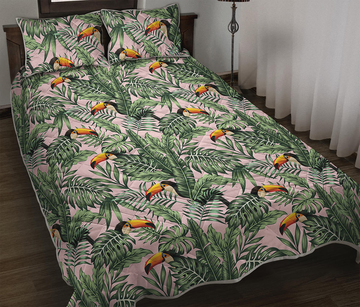 Tropical Palm Leaf And Toucan Print Quilt Bed Set