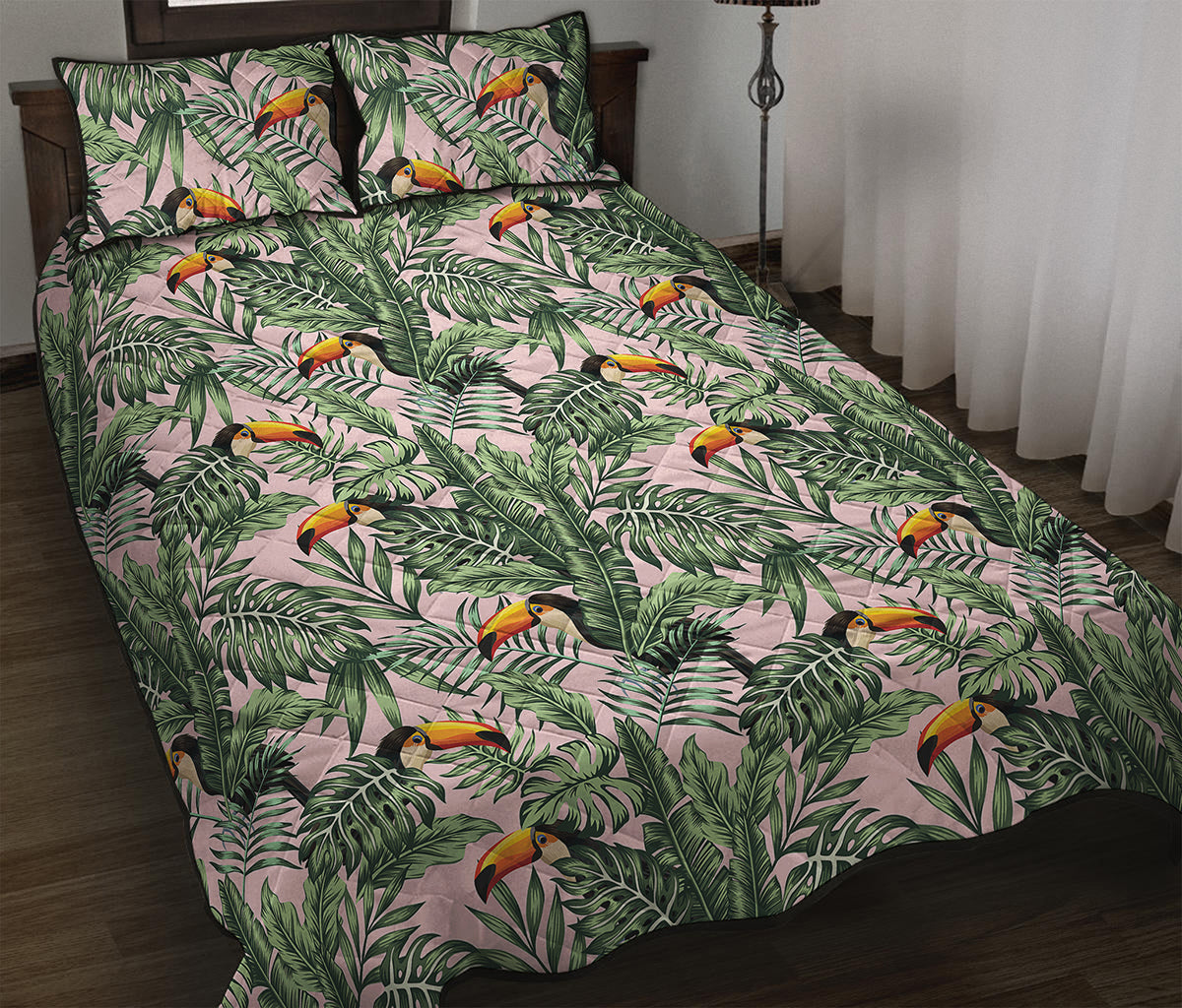 Tropical Palm Leaf And Toucan Print Quilt Bed Set