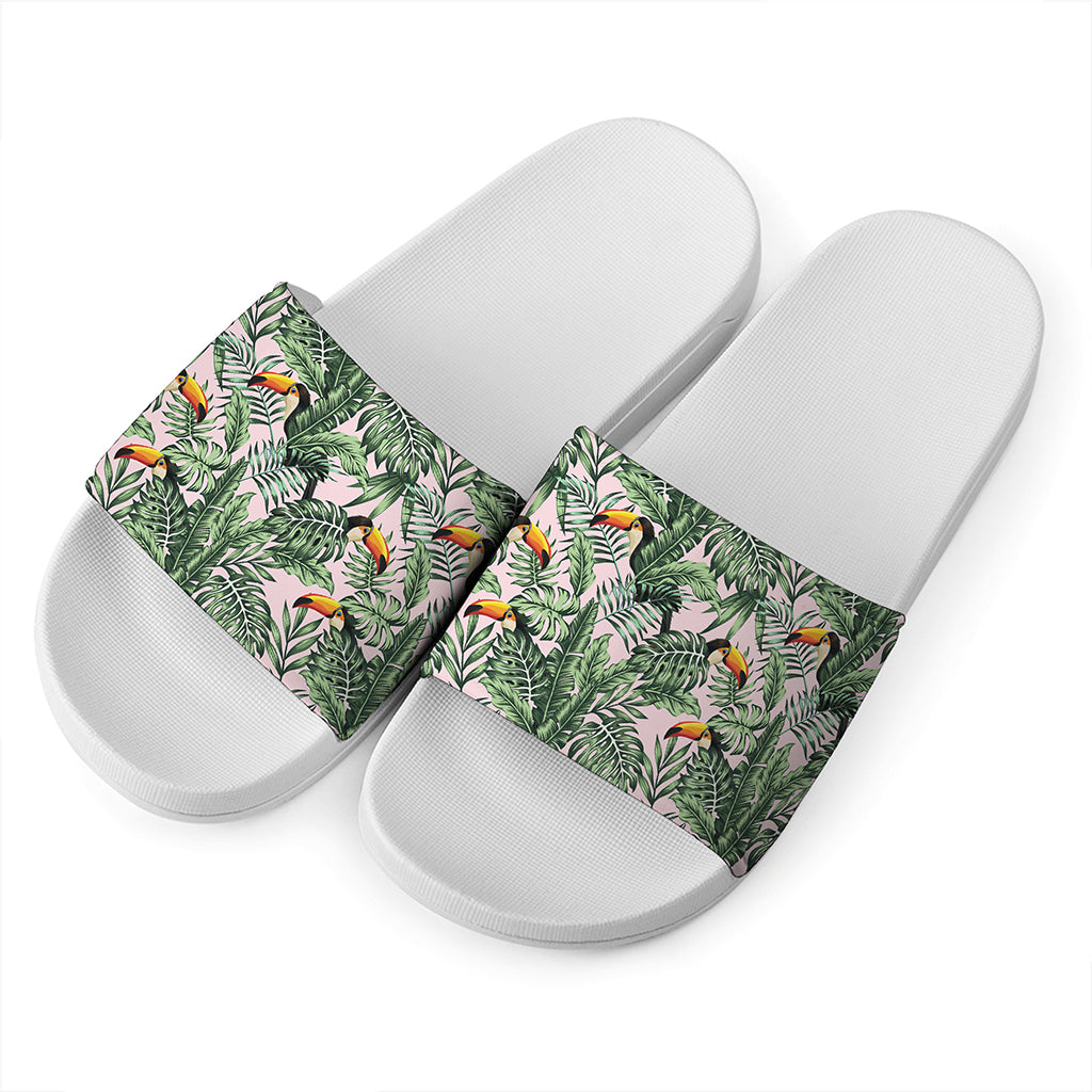 Tropical Palm Leaf And Toucan Print White Slide Sandals