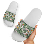 Tropical Palm Leaf And Toucan Print White Slide Sandals