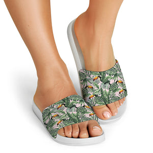 Tropical Palm Leaf And Toucan Print White Slide Sandals