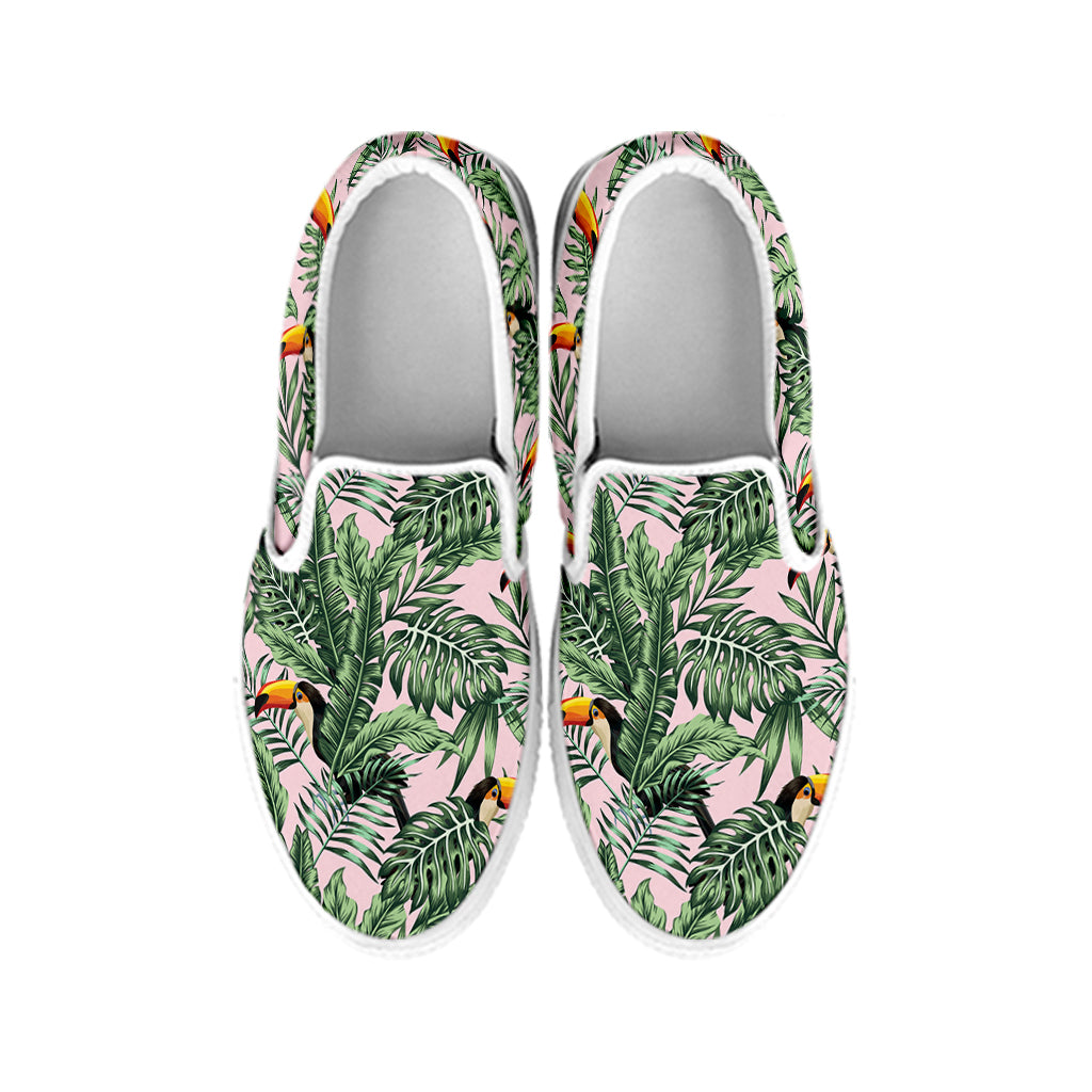 Tropical Palm Leaf And Toucan Print White Slip On Shoes