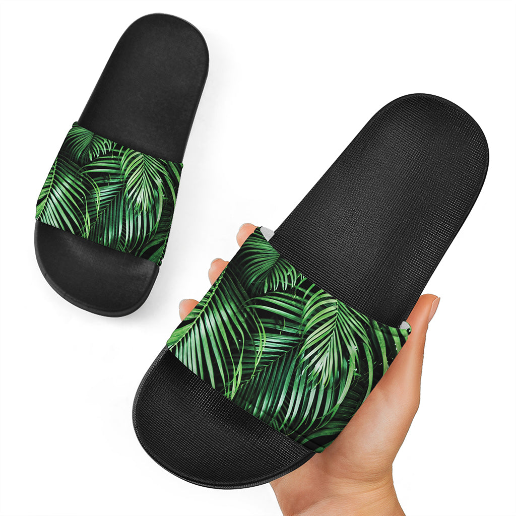 Tropical Palm Leaf Print Black Slide Sandals