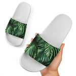 Tropical Palm Leaf Print White Slide Sandals