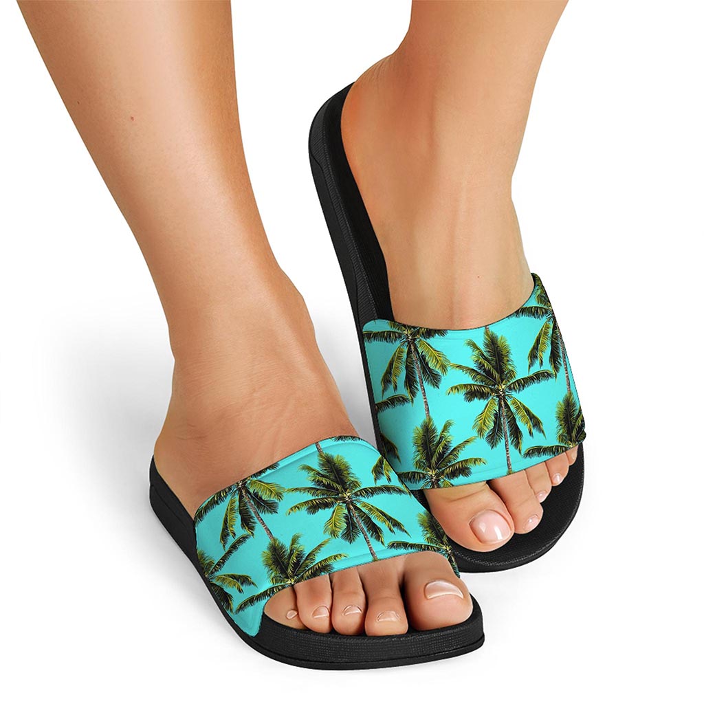 Tropical Palm Tree Pattern Print Black Slide Sandals