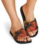 Tropical Palm Tree Sunset Print Black Slide Sandals