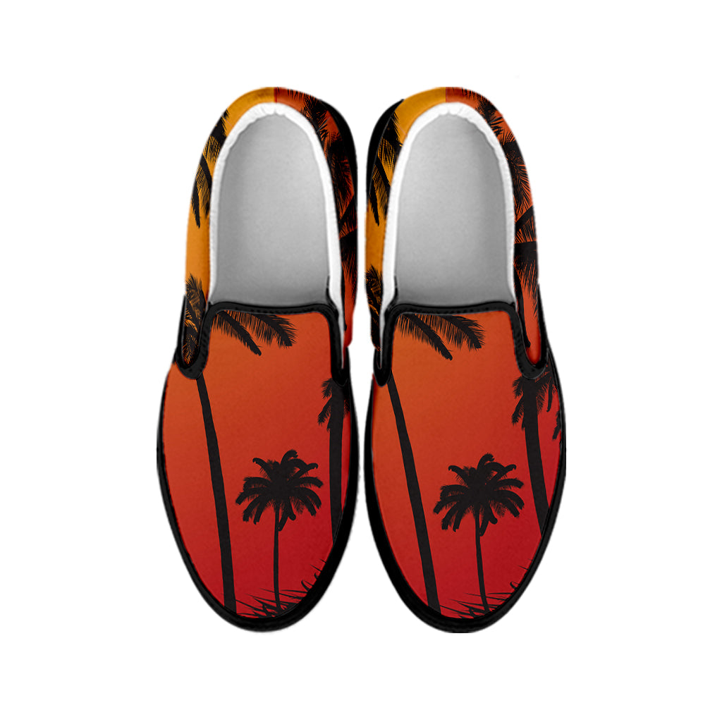 Tropical Palm Tree Sunset Print Black Slip On Shoes