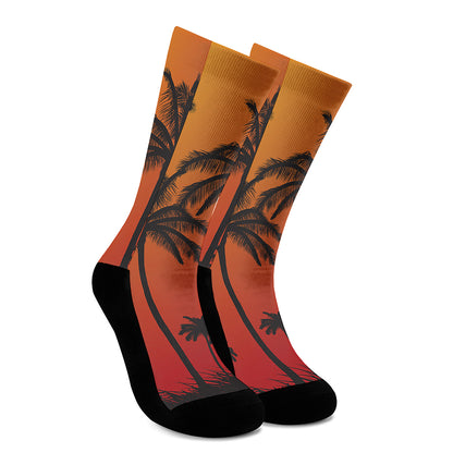 Tropical Palm Tree Sunset Print Crew Socks