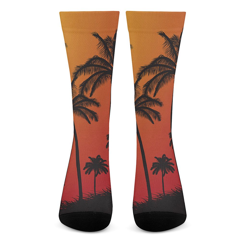 Tropical Palm Tree Sunset Print Crew Socks