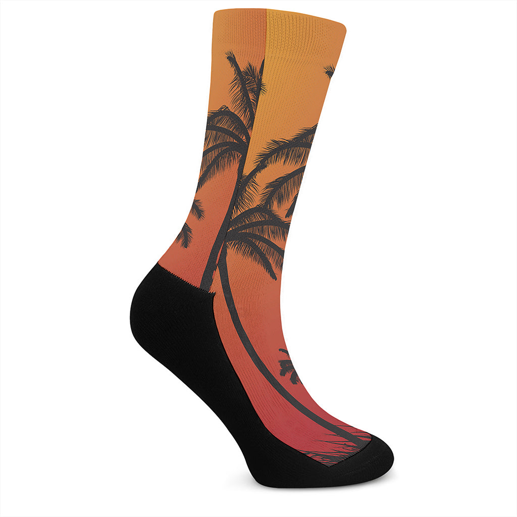 Tropical Palm Tree Sunset Print Crew Socks