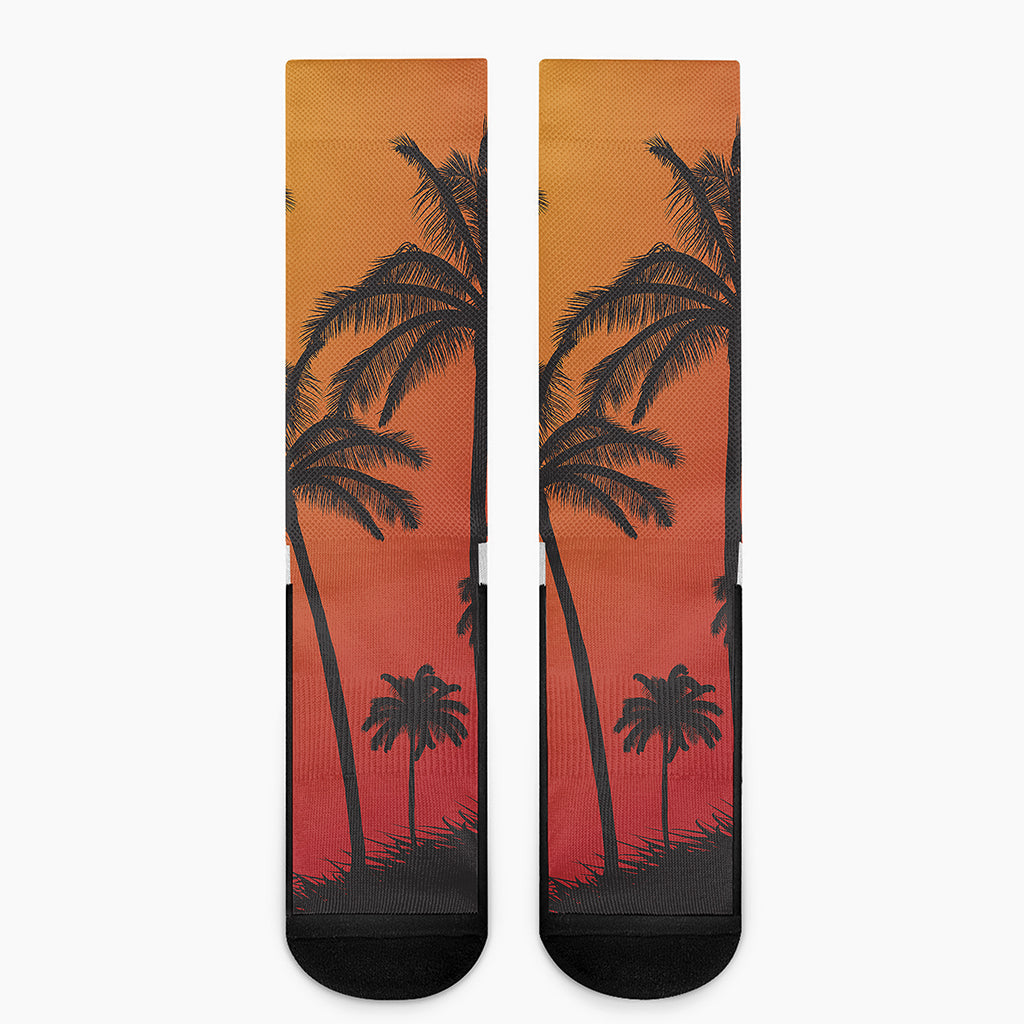 Tropical Palm Tree Sunset Print Crew Socks