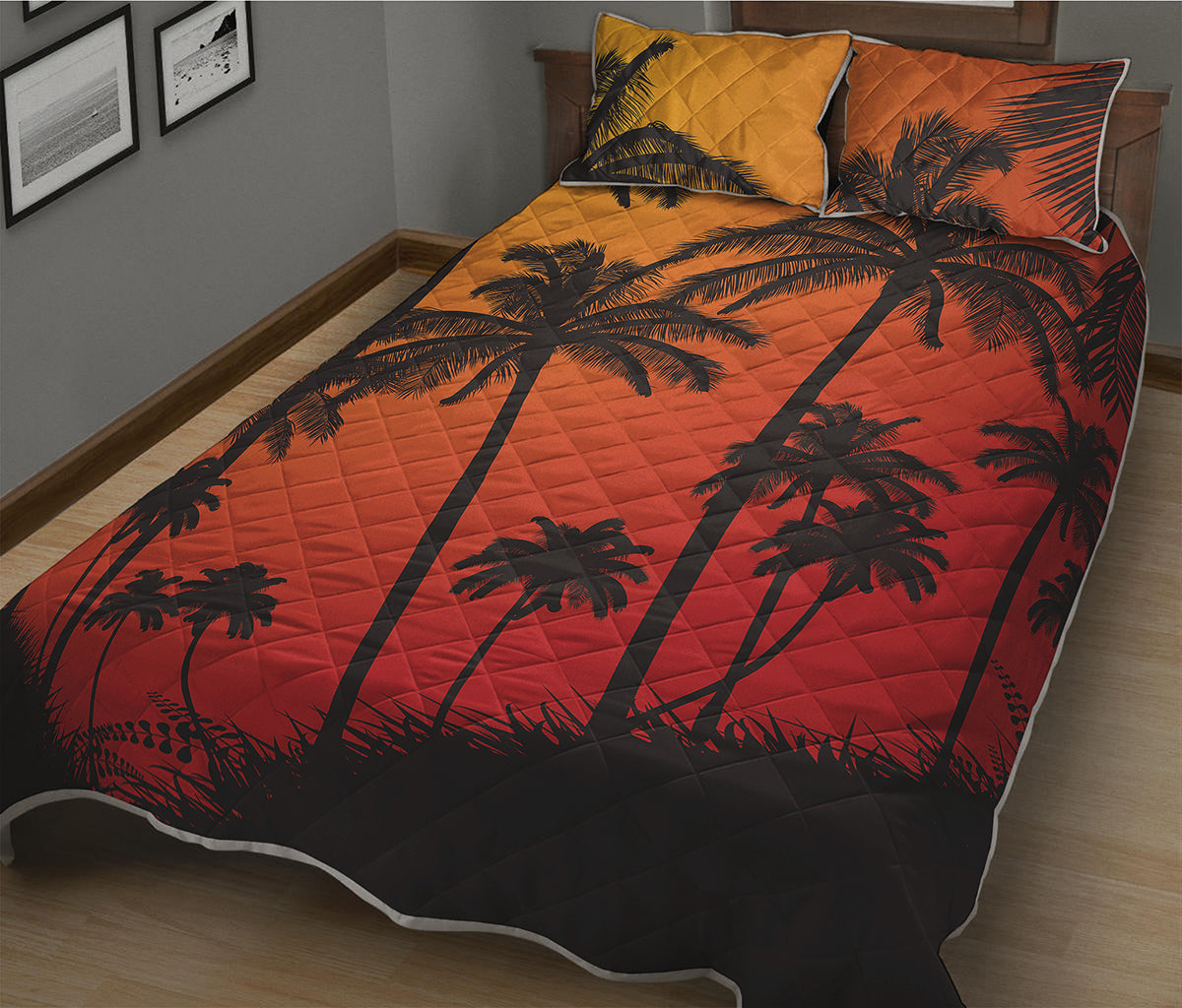 Tropical Palm Tree Sunset Print Quilt Bed Set