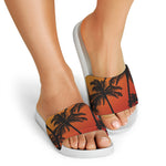 Tropical Palm Tree Sunset Print White Slide Sandals