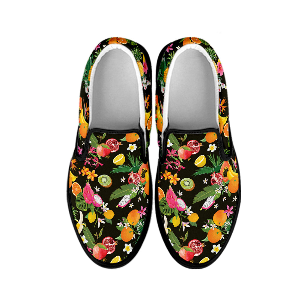 Tropical Paradise Fruits Pattern Print Black Slip On Shoes