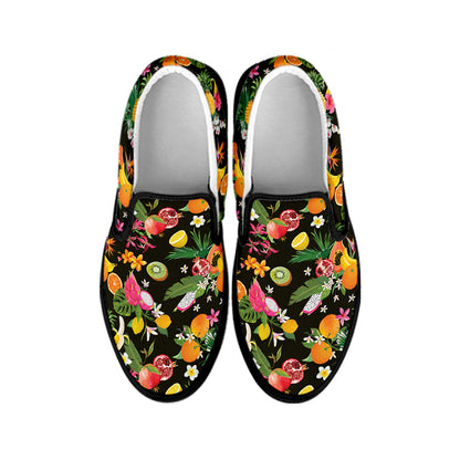 Tropical Paradise Fruits Pattern Print Black Slip On Shoes