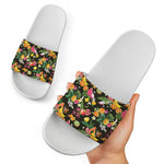 Tropical Paradise Fruits Pattern Print White Slide Sandals