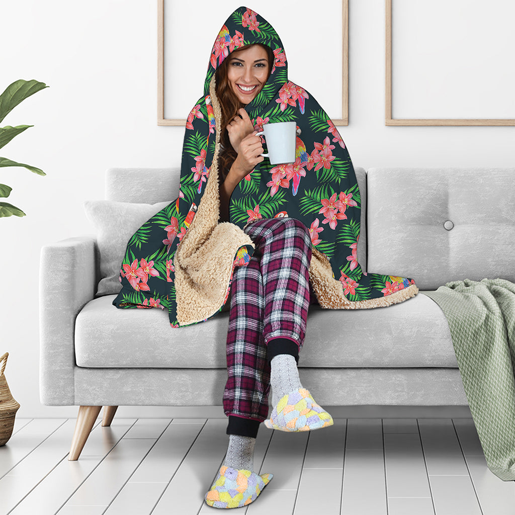 Tropical Parrot Pattern Print Hooded Blanket