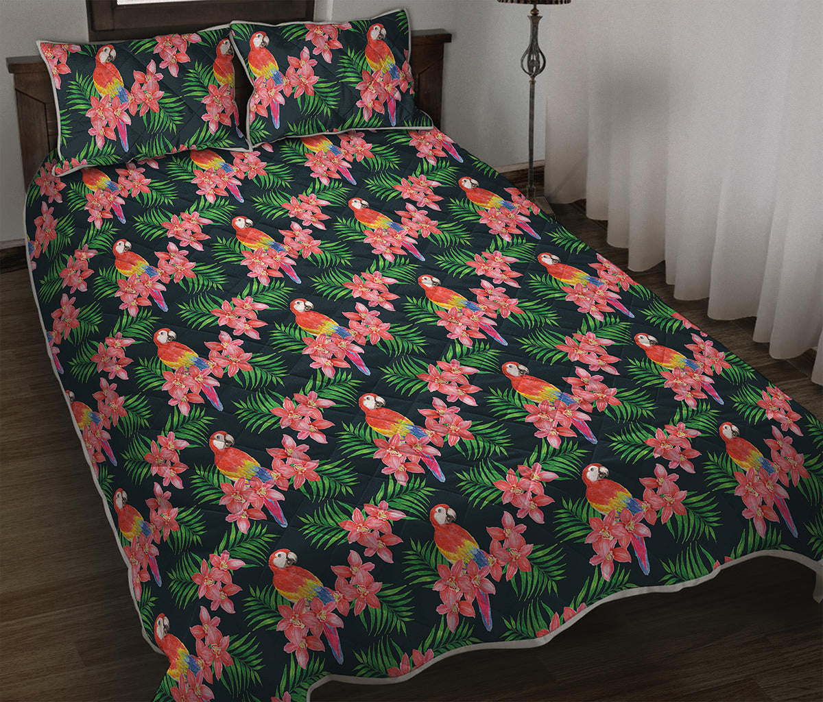 Tropical Parrot Pattern Print Quilt Bed Set