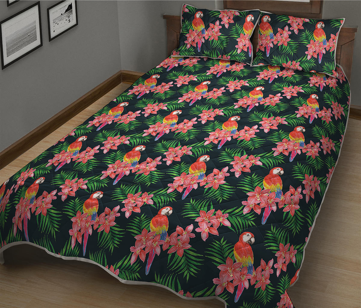 Tropical Parrot Pattern Print Quilt Bed Set