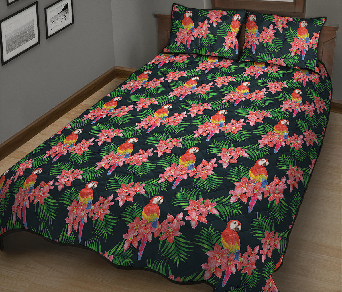 Tropical Parrot Pattern Print Quilt Bed Set