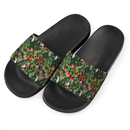 Tropical Patchwork Pattern Print Black Slide Sandals