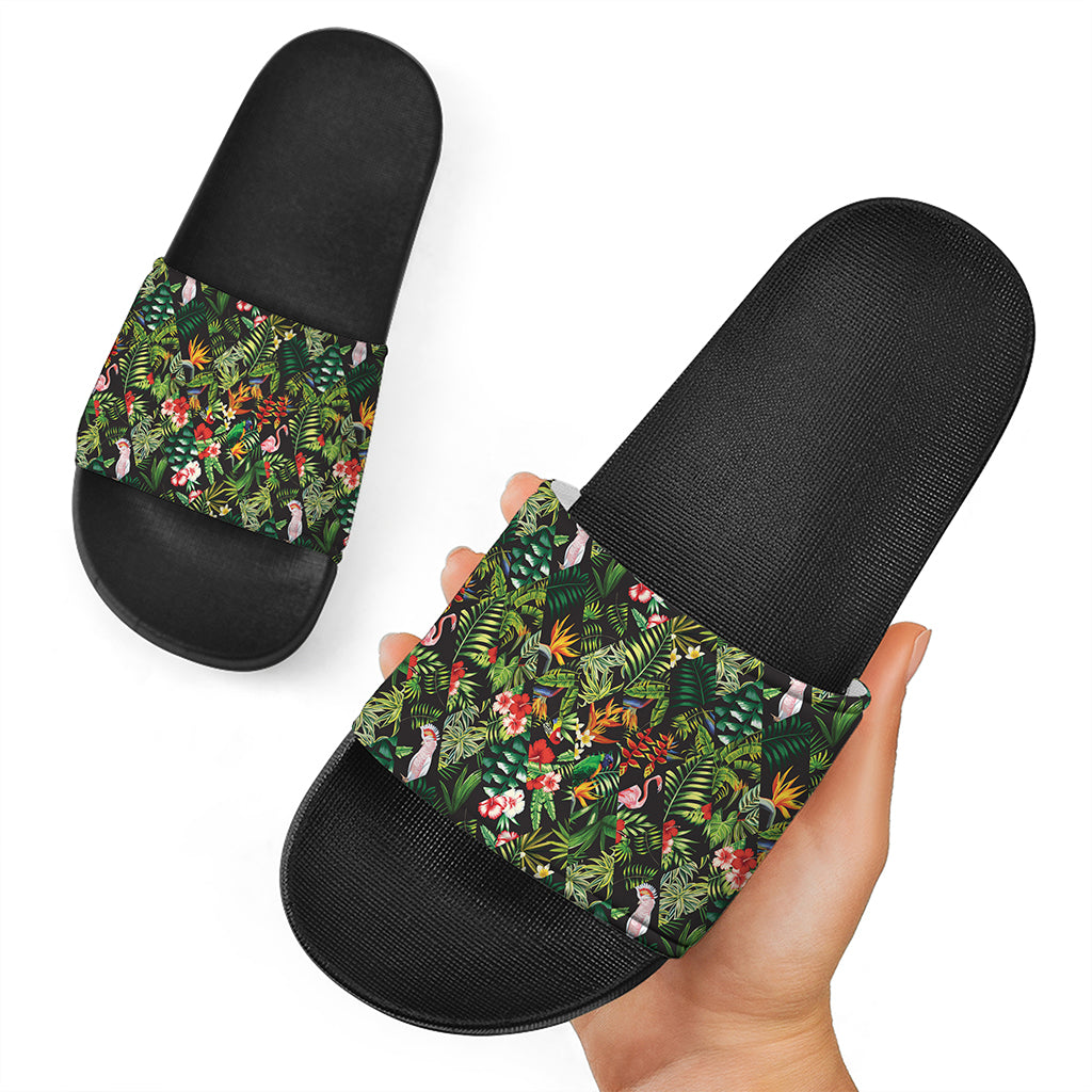 Tropical Patchwork Pattern Print Black Slide Sandals