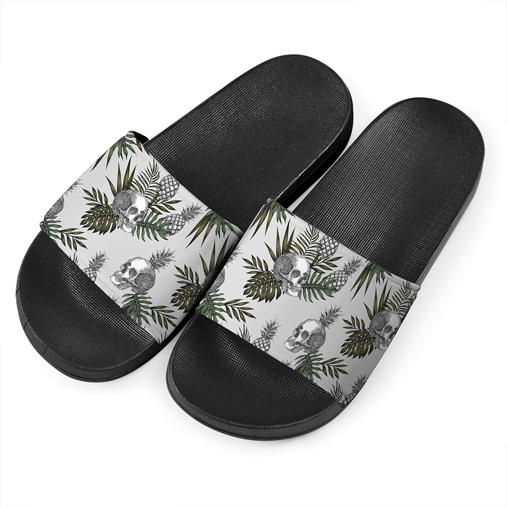 Tropical Pineapple Skull Pattern Print Black Slide Sandals