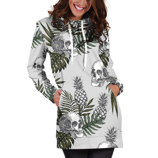 Tropical Pineapple Skull Pattern Print Hoodie Dress GearFrost