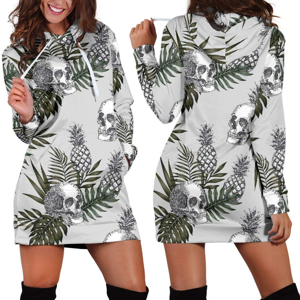 Tropical Pineapple Skull Pattern Print Hoodie Dress GearFrost