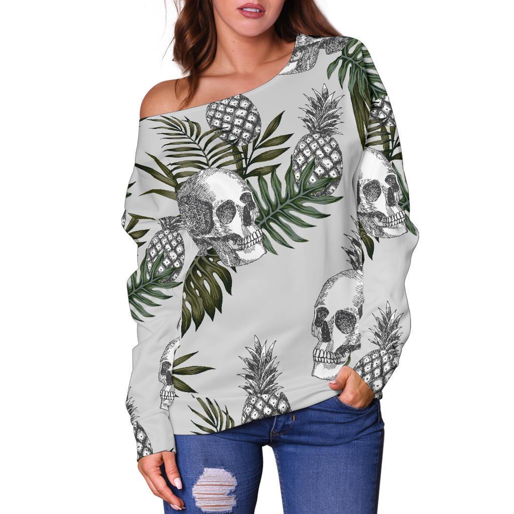 Tropical Pineapple Skull Pattern Print Off Shoulder Sweatshirt GearFrost