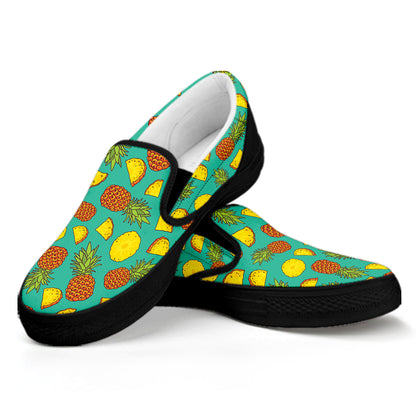 Tropical Pineapples Pattern Print Black Slip On Shoes
