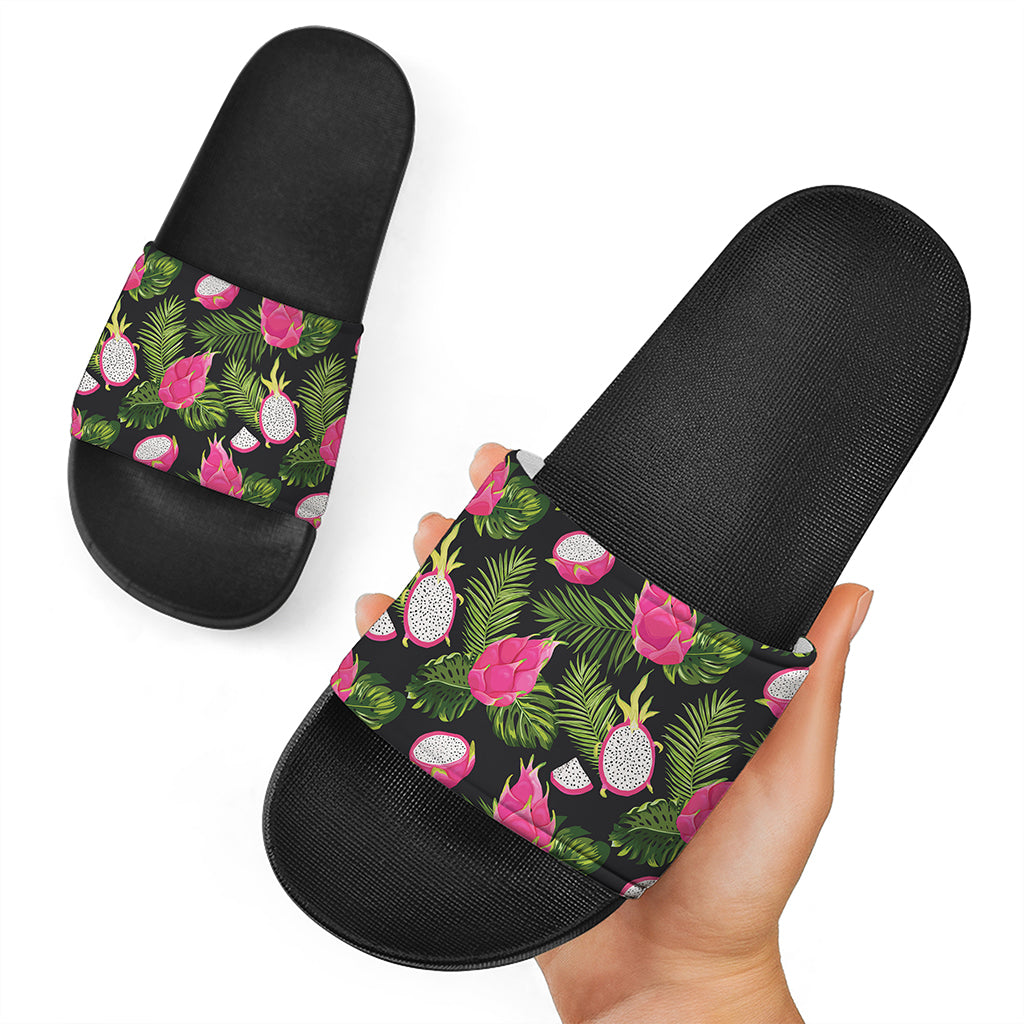 Tropical Pitaya Pattern Print Black Slide Sandals