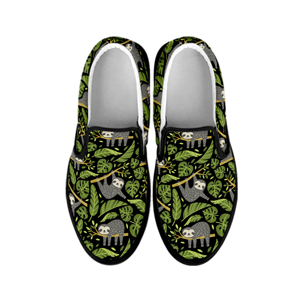 Tropical Sloth Pattern Print Black Slip On Shoes