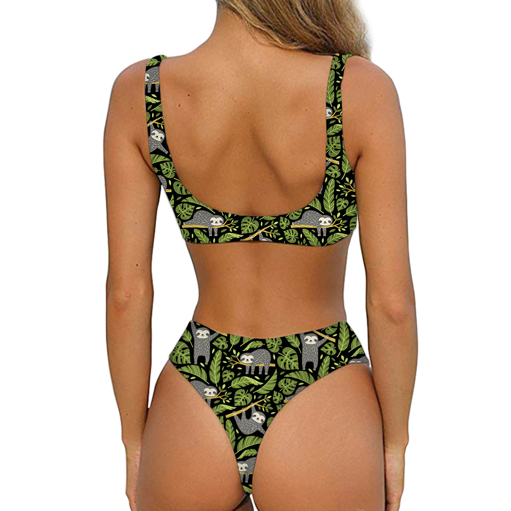 Tropical Sloth Pattern Print Front Bow Tie Bikini