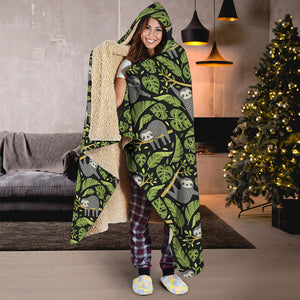 Tropical Sloth Pattern Print Hooded Blanket