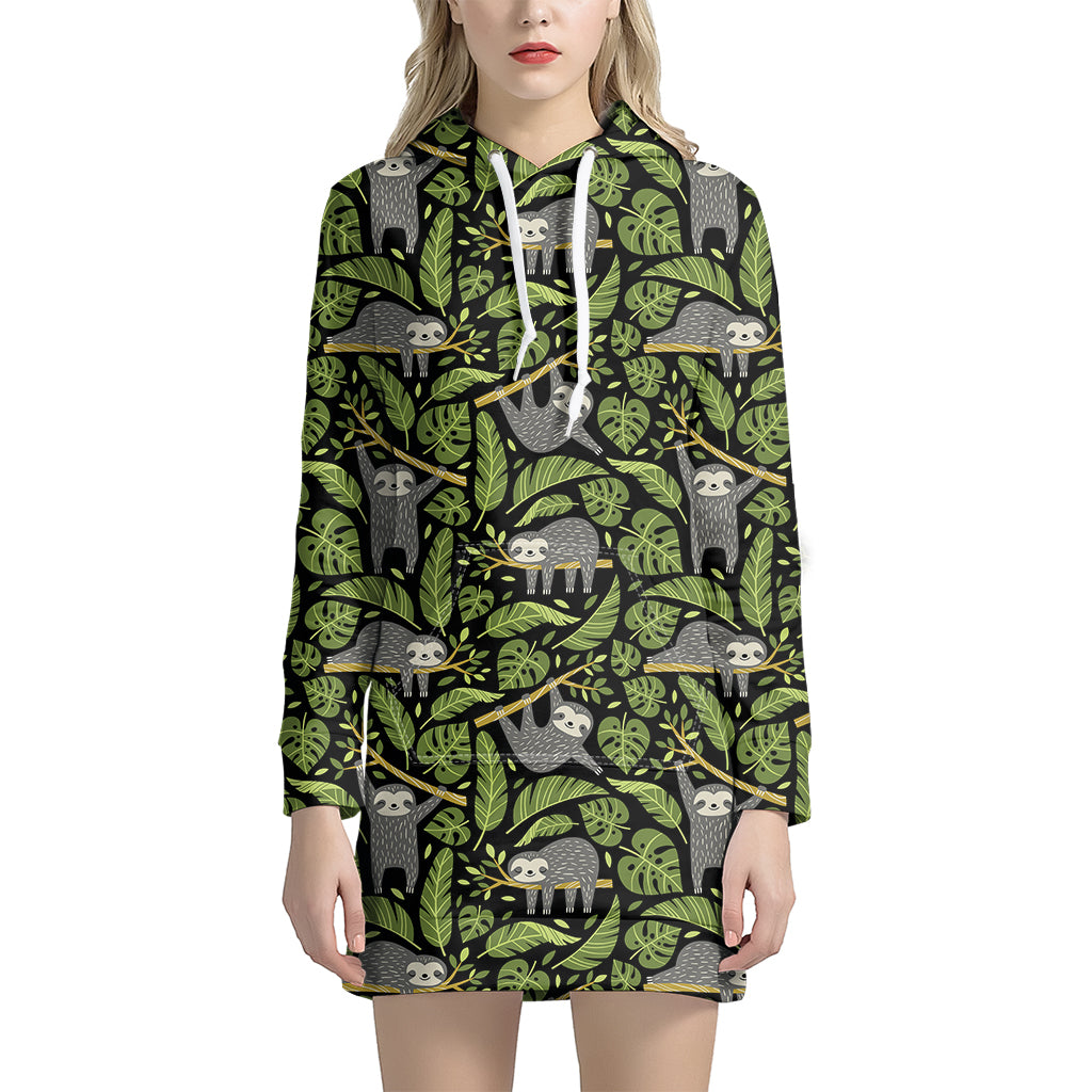 Tropical Sloth Pattern Print Hoodie Dress