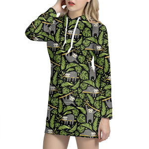 Tropical Sloth Pattern Print Hoodie Dress