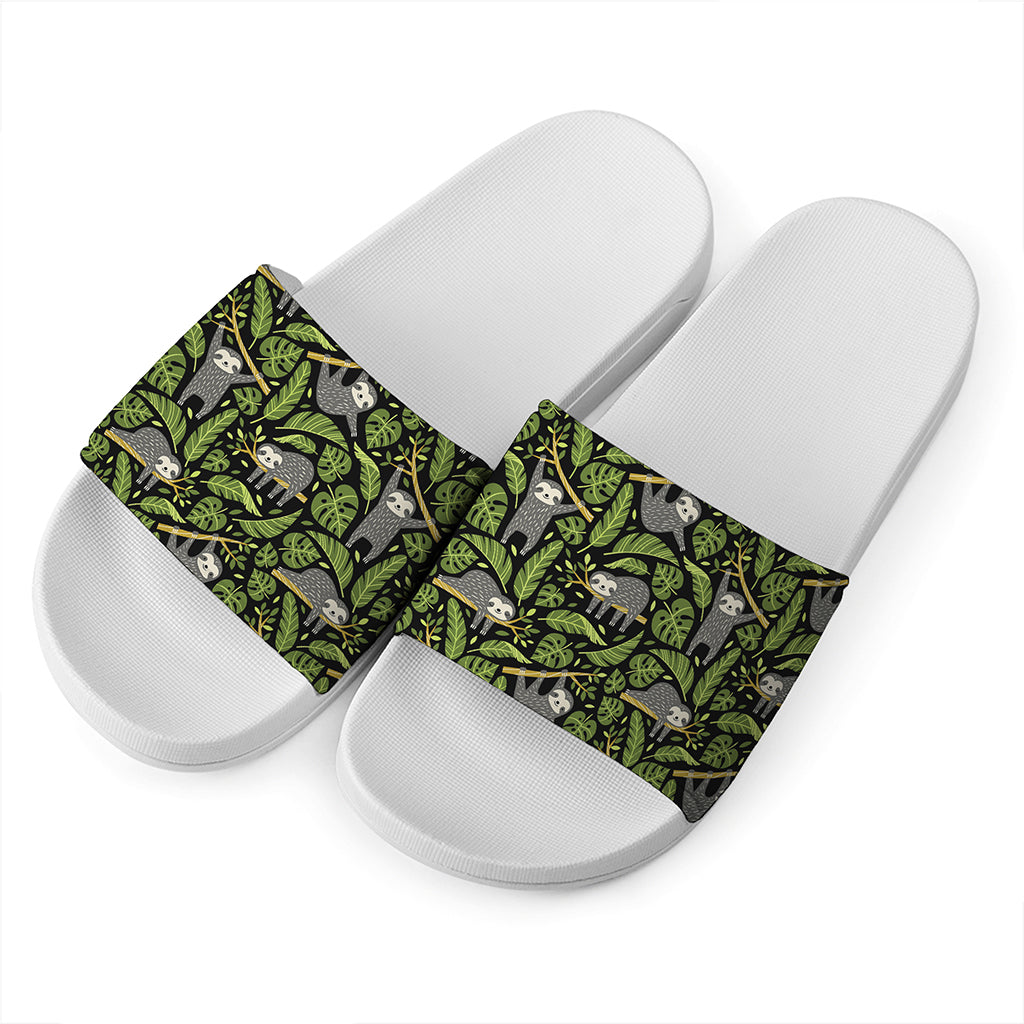 Tropical Sloth Pattern Print White Slide Sandals
