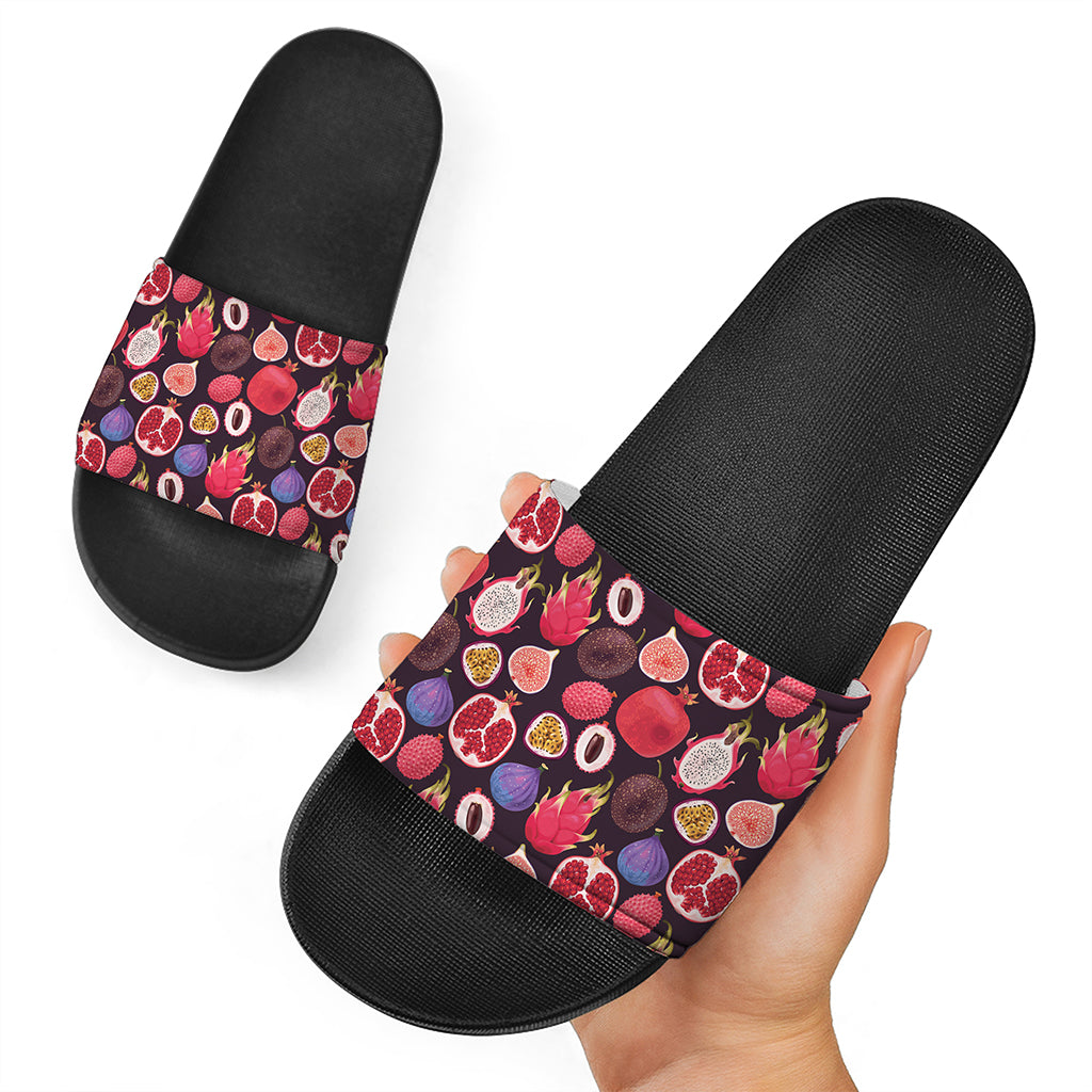 Tropical Summer Fruits Pattern Print Black Slide Sandals